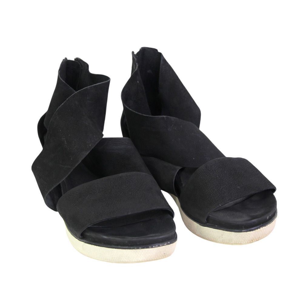 Eileen Fisher BLACK REAL SUEDE OPEN TOE FLAT ZIP BACKSIDE SANDALS SHOES Sz 8.5